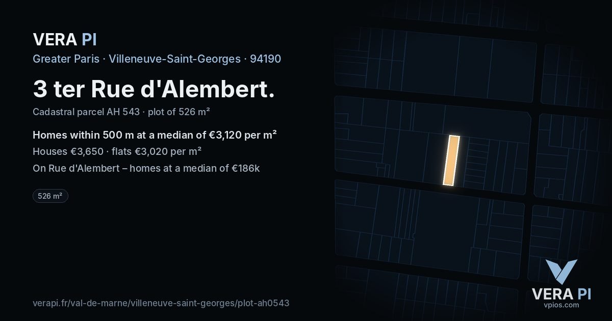 3 ter Rue d'Alembert, Villeneuve-Saint-Georges at night – the plot lit, the parcels around coloured by the prices near them