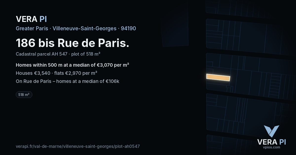 186 bis Rue de Paris, Villeneuve-Saint-Georges at night – the plot lit, the parcels around coloured by the prices near them