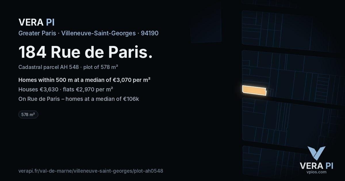 184 Rue de Paris, Villeneuve-Saint-Georges at night – the plot lit, the parcels around coloured by the prices near them