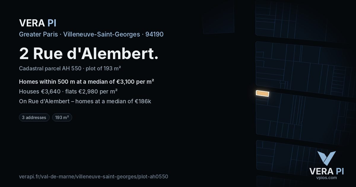 2 Rue d'Alembert, Villeneuve-Saint-Georges at night – the plot lit, the parcels around coloured by the prices near them