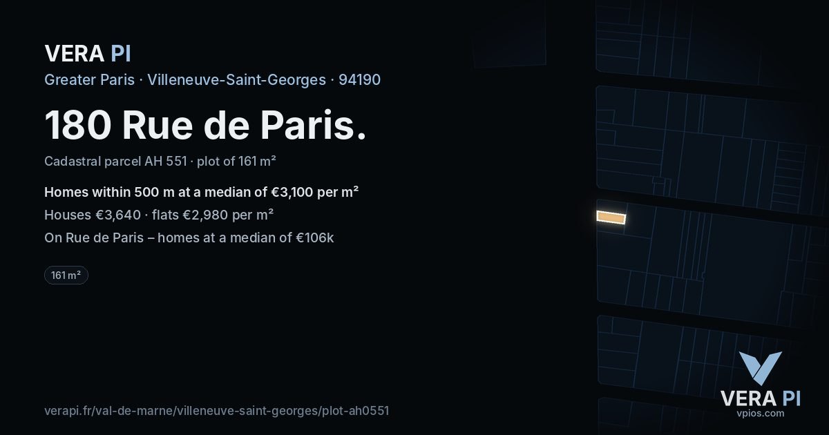 180 Rue de Paris, Villeneuve-Saint-Georges at night – the plot lit, the parcels around coloured by the prices near them