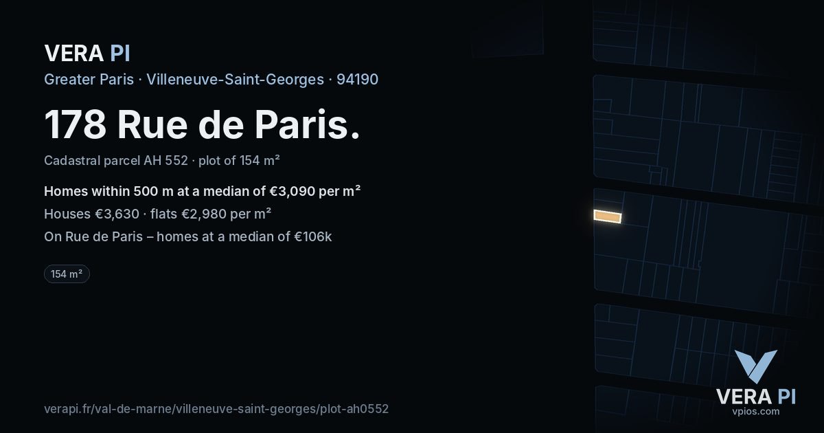 178 Rue de Paris, Villeneuve-Saint-Georges at night – the plot lit, the parcels around coloured by the prices near them