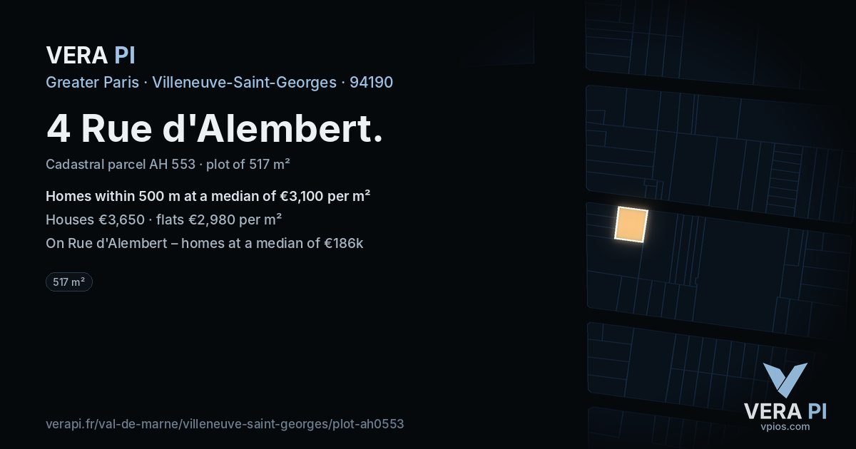 4 Rue d'Alembert, Villeneuve-Saint-Georges at night – the plot lit, the parcels around coloured by the prices near them