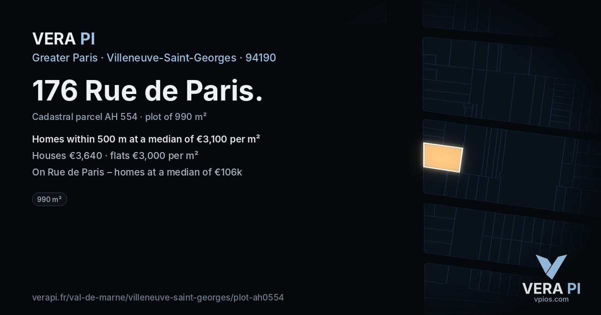 176 Rue de Paris, Villeneuve-Saint-Georges at night – the plot lit, the parcels around coloured by the prices near them