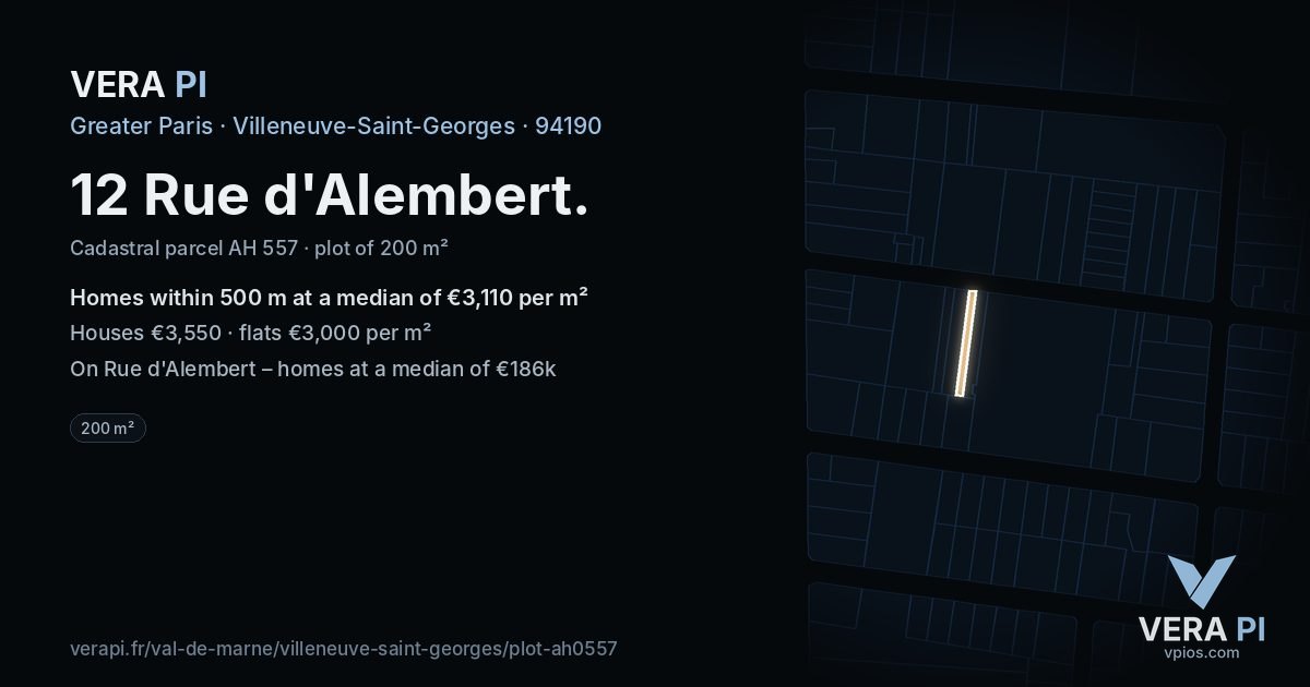 12 Rue d'Alembert, Villeneuve-Saint-Georges at night – the plot lit, the parcels around coloured by the prices near them