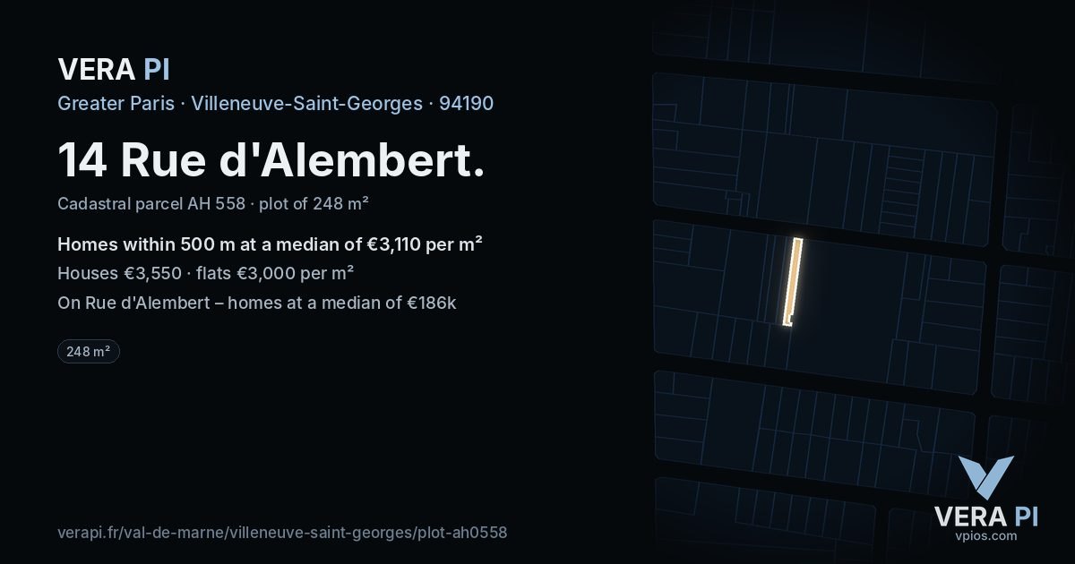 14 Rue d'Alembert, Villeneuve-Saint-Georges at night – the plot lit, the parcels around coloured by the prices near them