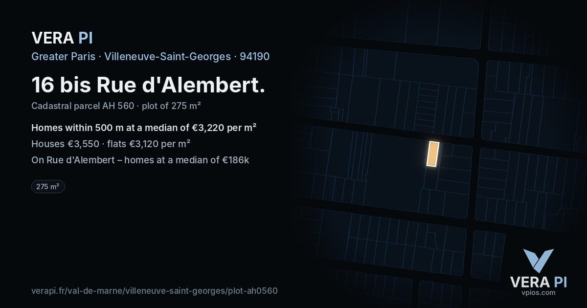 16 bis Rue d'Alembert, Villeneuve-Saint-Georges at night – the plot lit, the parcels around coloured by the prices near them