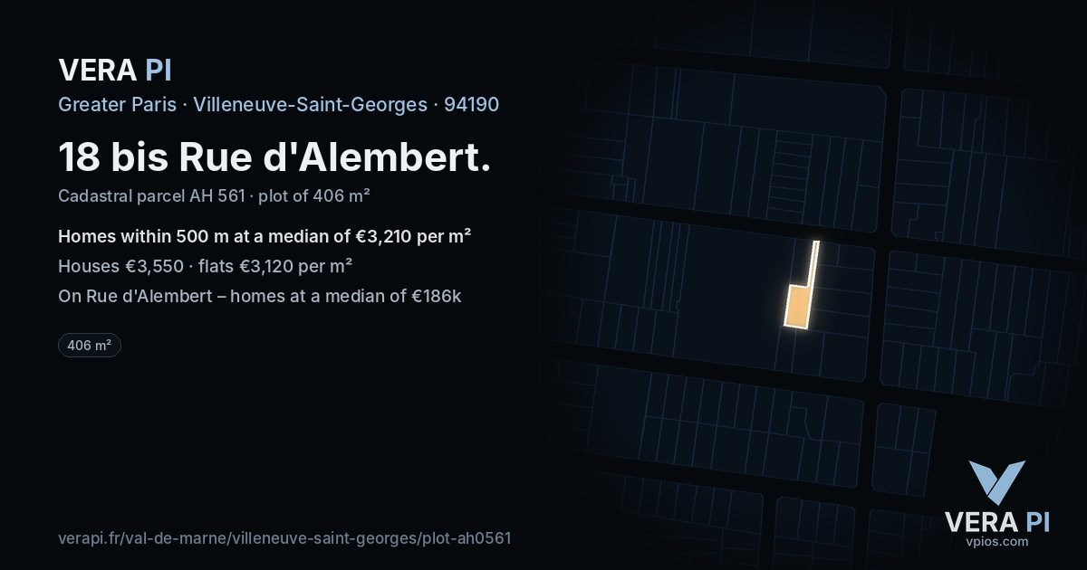 18 bis Rue d'Alembert, Villeneuve-Saint-Georges at night – the plot lit, the parcels around coloured by the prices near them