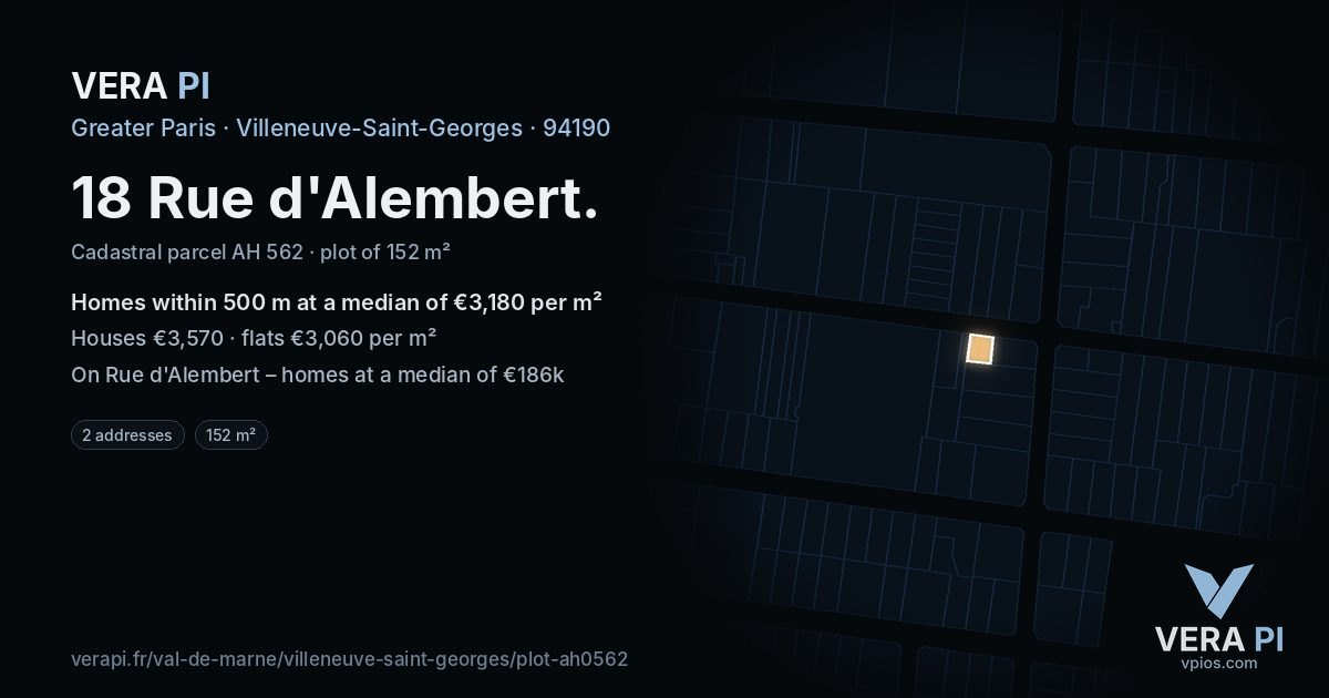 18 Rue d'Alembert, Villeneuve-Saint-Georges at night – the plot lit, the parcels around coloured by the prices near them