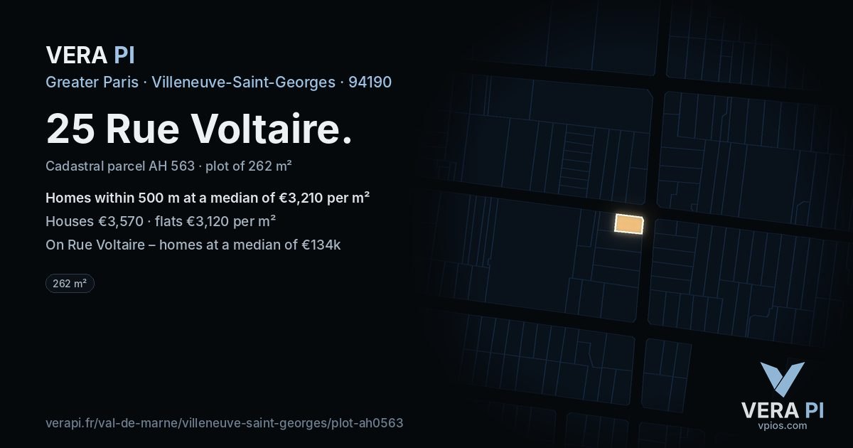 25 Rue Voltaire, Villeneuve-Saint-Georges at night – the plot lit, the parcels around coloured by the prices near them