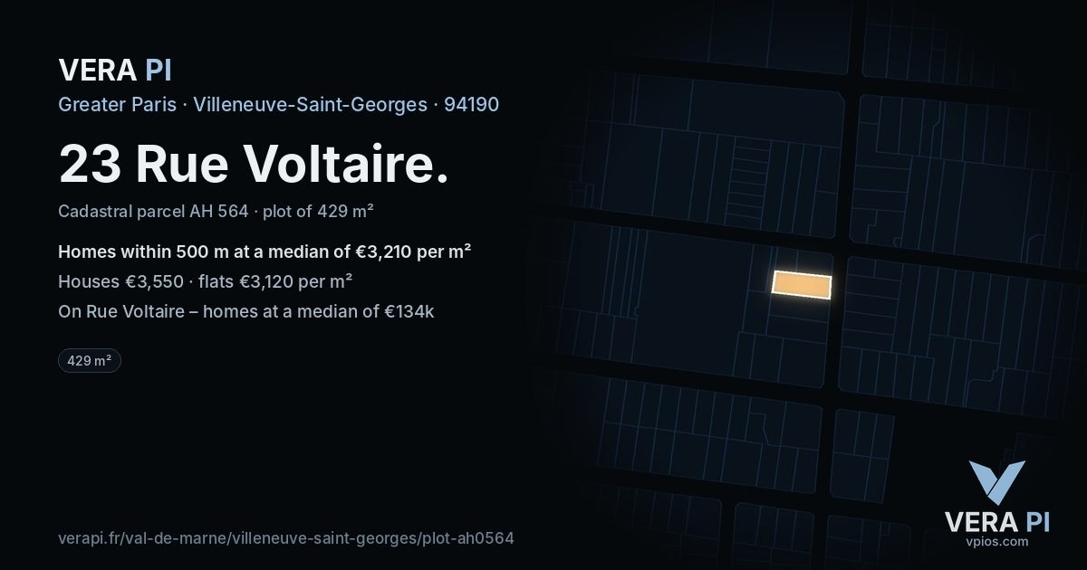 23 Rue Voltaire, Villeneuve-Saint-Georges at night – the plot lit, the parcels around coloured by the prices near them