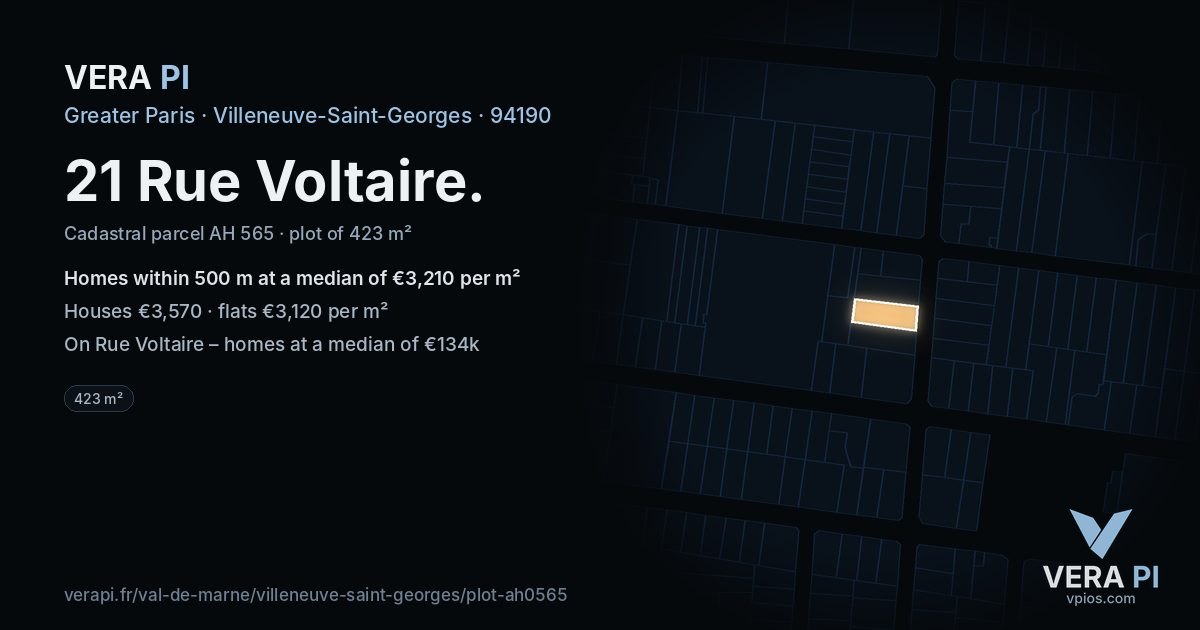 21 Rue Voltaire, Villeneuve-Saint-Georges at night – the plot lit, the parcels around coloured by the prices near them
