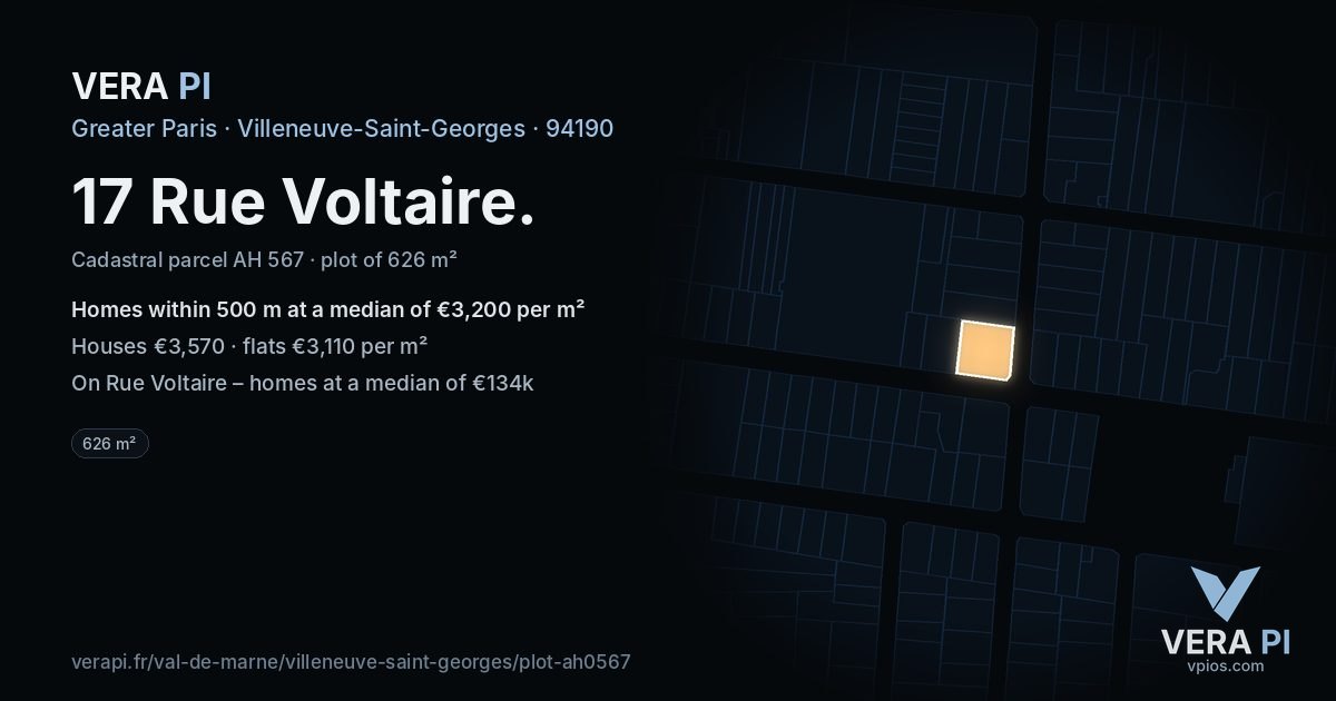 17 Rue Voltaire, Villeneuve-Saint-Georges at night – the plot lit, the parcels around coloured by the prices near them
