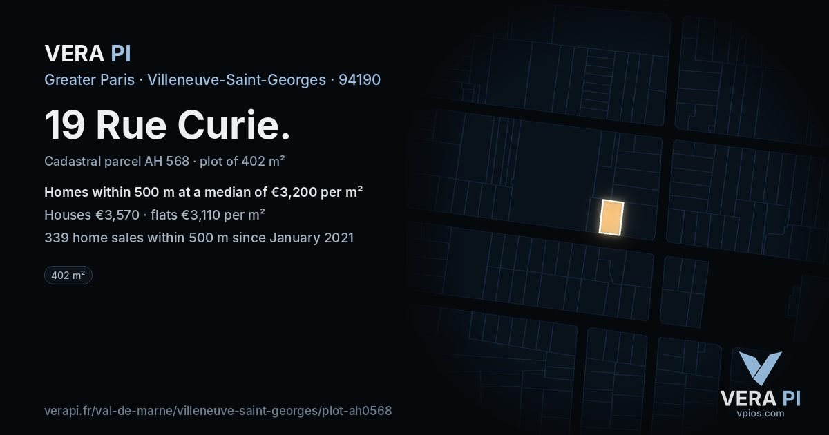19 Rue Curie, Villeneuve-Saint-Georges at night – the plot lit, the parcels around coloured by the prices near them