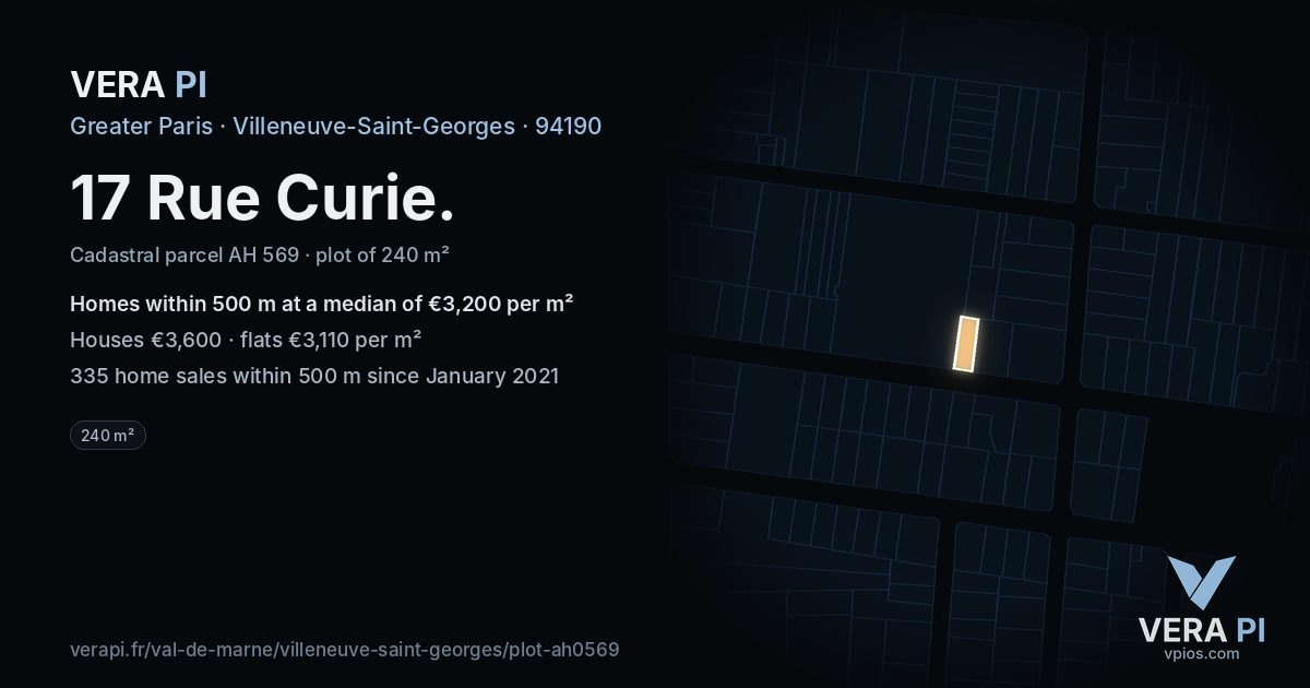 17 Rue Curie, Villeneuve-Saint-Georges at night – the plot lit, the parcels around coloured by the prices near them