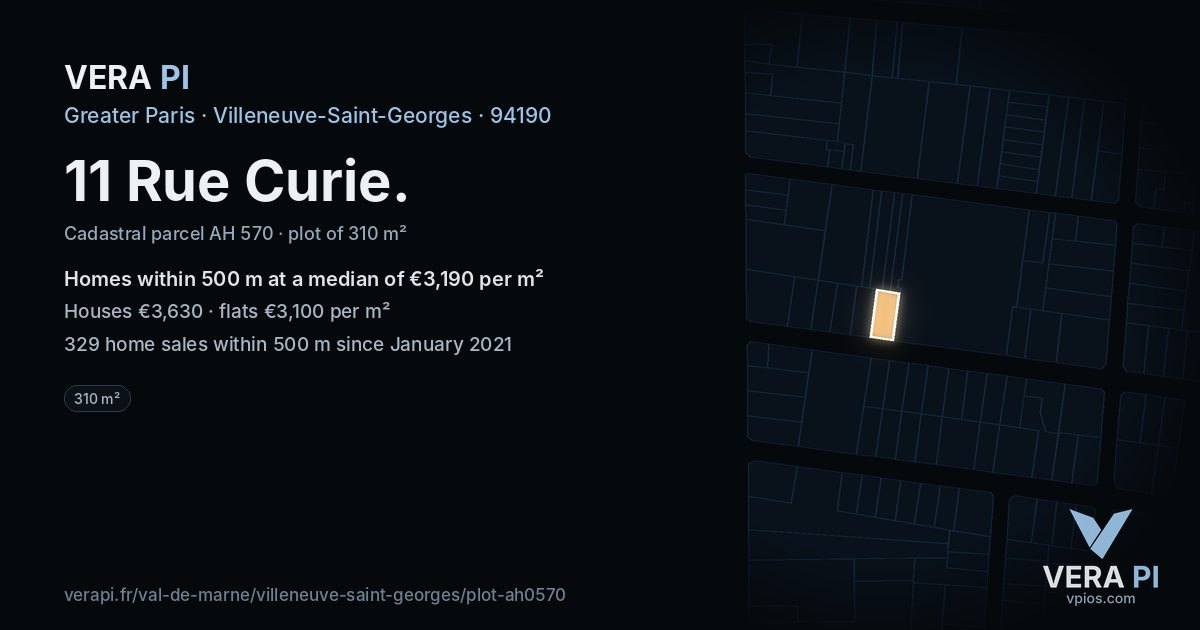 11 Rue Curie, Villeneuve-Saint-Georges at night – the plot lit, the parcels around coloured by the prices near them