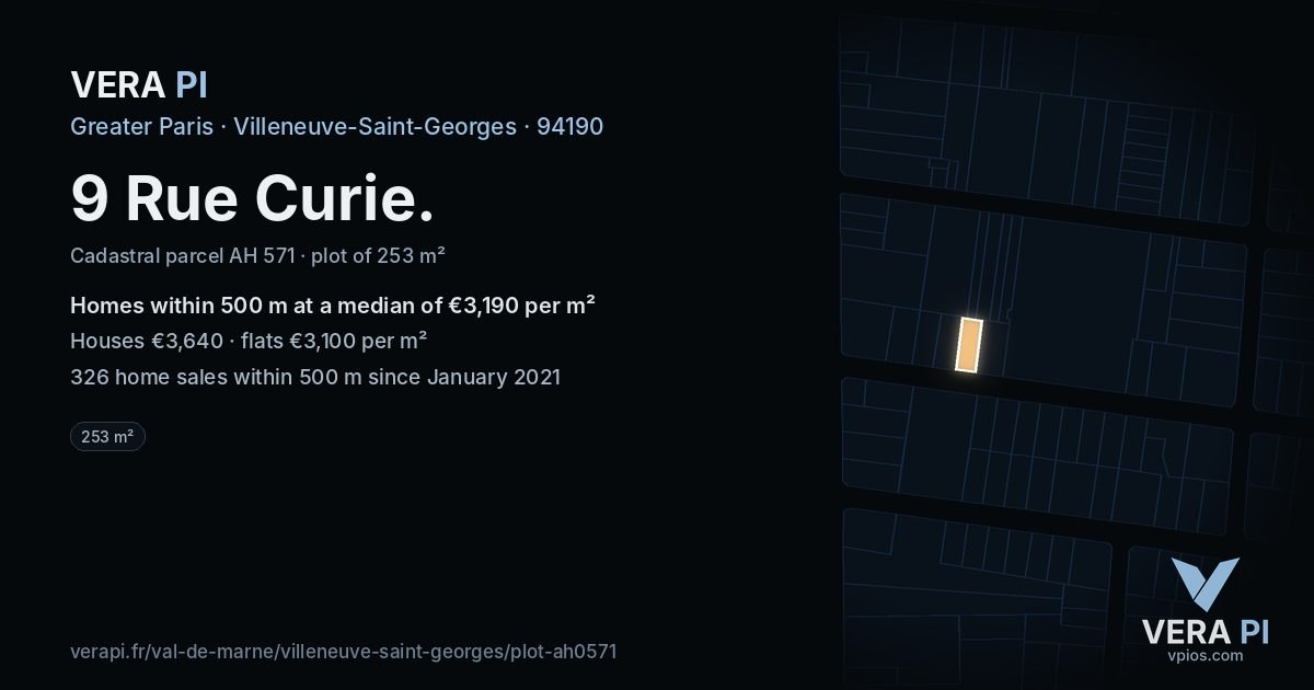 9 Rue Curie, Villeneuve-Saint-Georges at night – the plot lit, the parcels around coloured by the prices near them