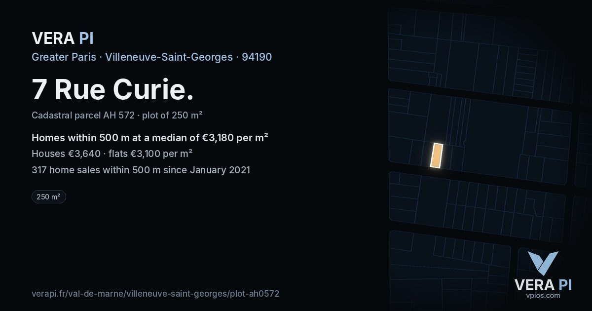 7 Rue Curie, Villeneuve-Saint-Georges at night – the plot lit, the parcels around coloured by the prices near them