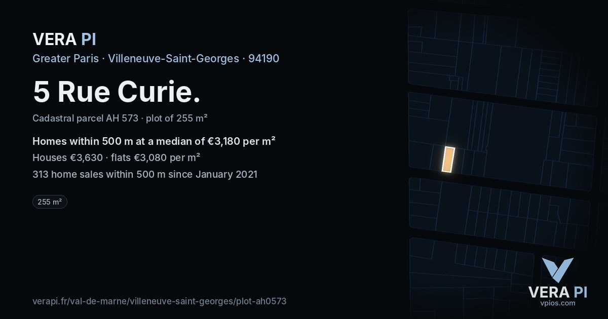 5 Rue Curie, Villeneuve-Saint-Georges at night – the plot lit, the parcels around coloured by the prices near them