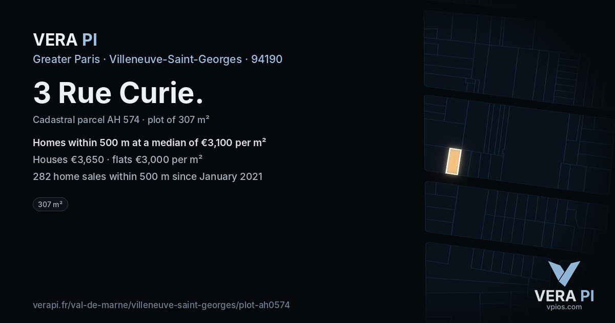 3 Rue Curie, Villeneuve-Saint-Georges at night – the plot lit, the parcels around coloured by the prices near them