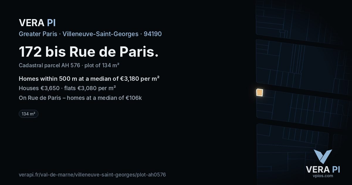172 bis Rue de Paris, Villeneuve-Saint-Georges at night – the plot lit, the parcels around coloured by the prices near them