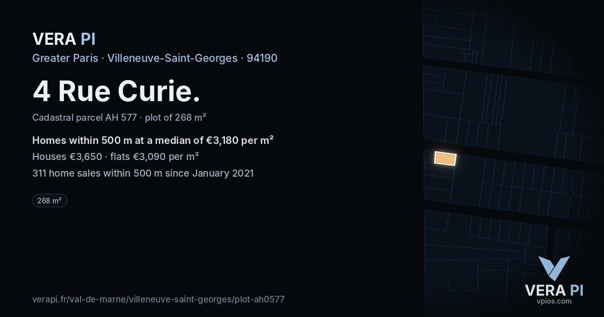 4 Rue Curie, Villeneuve-Saint-Georges at night – the plot lit, the parcels around coloured by the prices near them