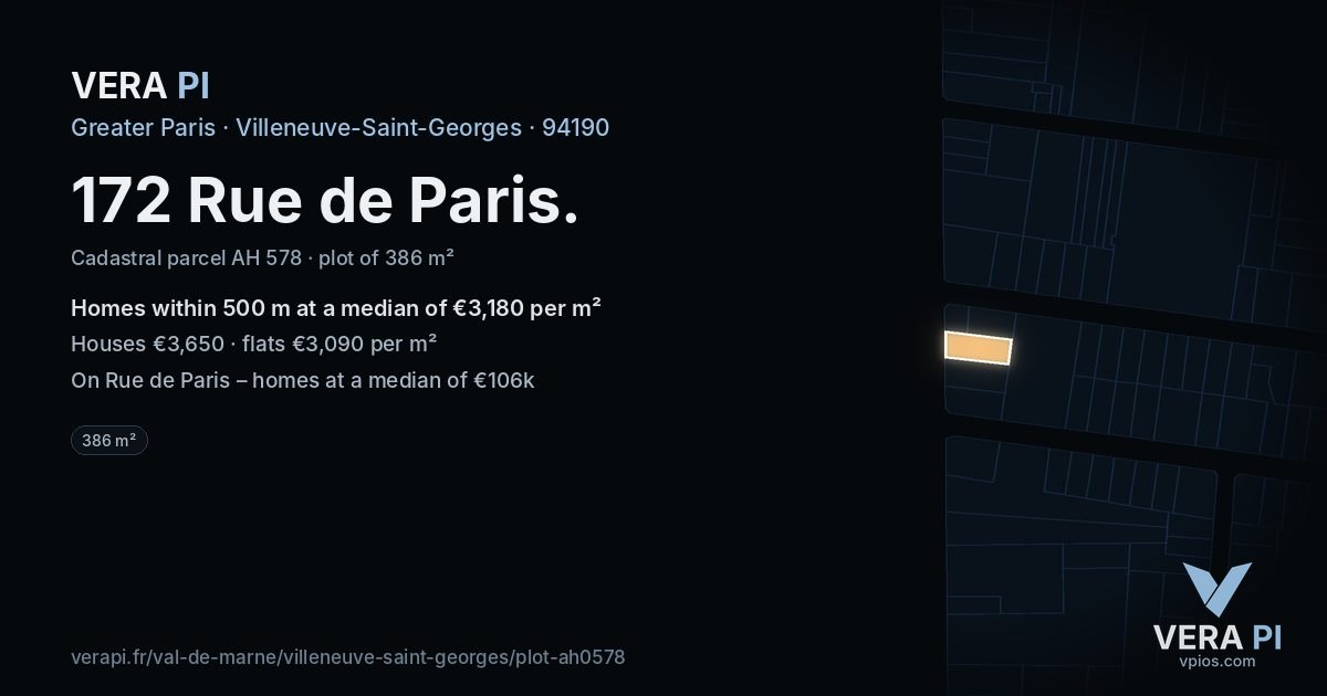 172 Rue de Paris, Villeneuve-Saint-Georges at night – the plot lit, the parcels around coloured by the prices near them