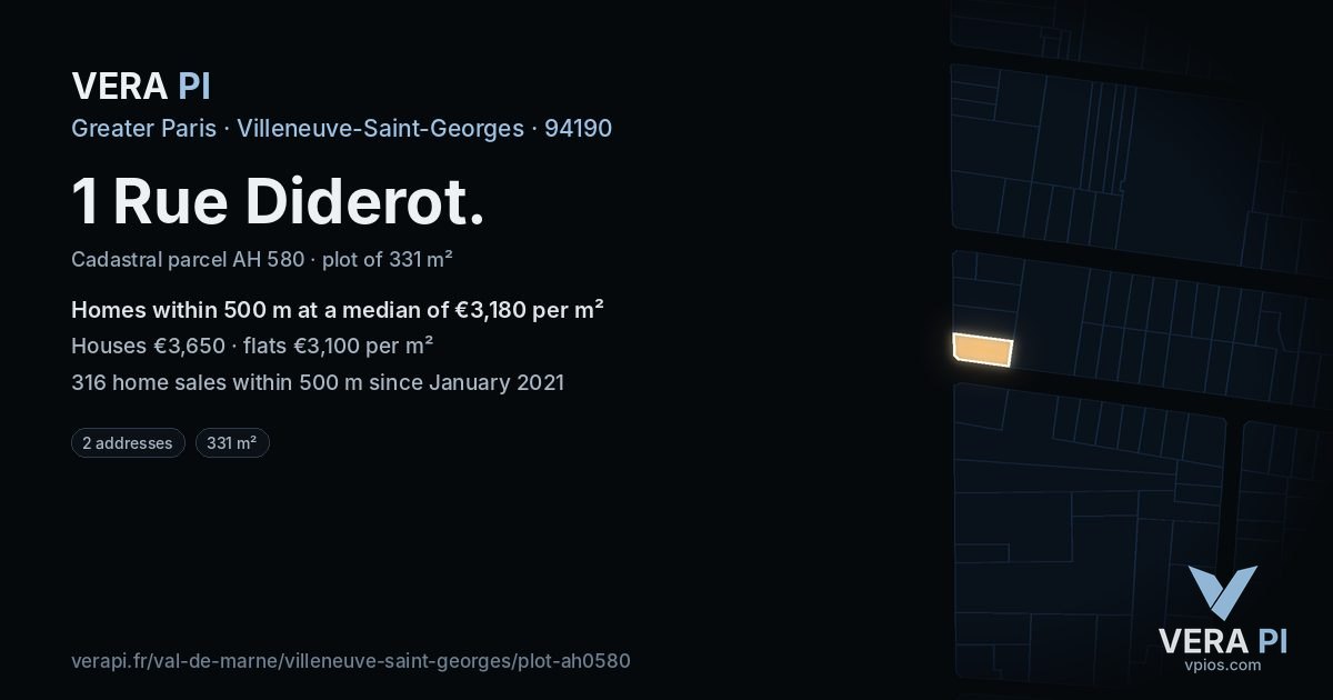 1 Rue Diderot, Villeneuve-Saint-Georges at night – the plot lit, the parcels around coloured by the prices near them