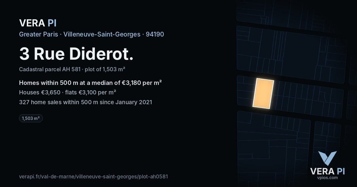3 Rue Diderot, Villeneuve-Saint-Georges at night – the plot lit, the parcels around coloured by the prices near them