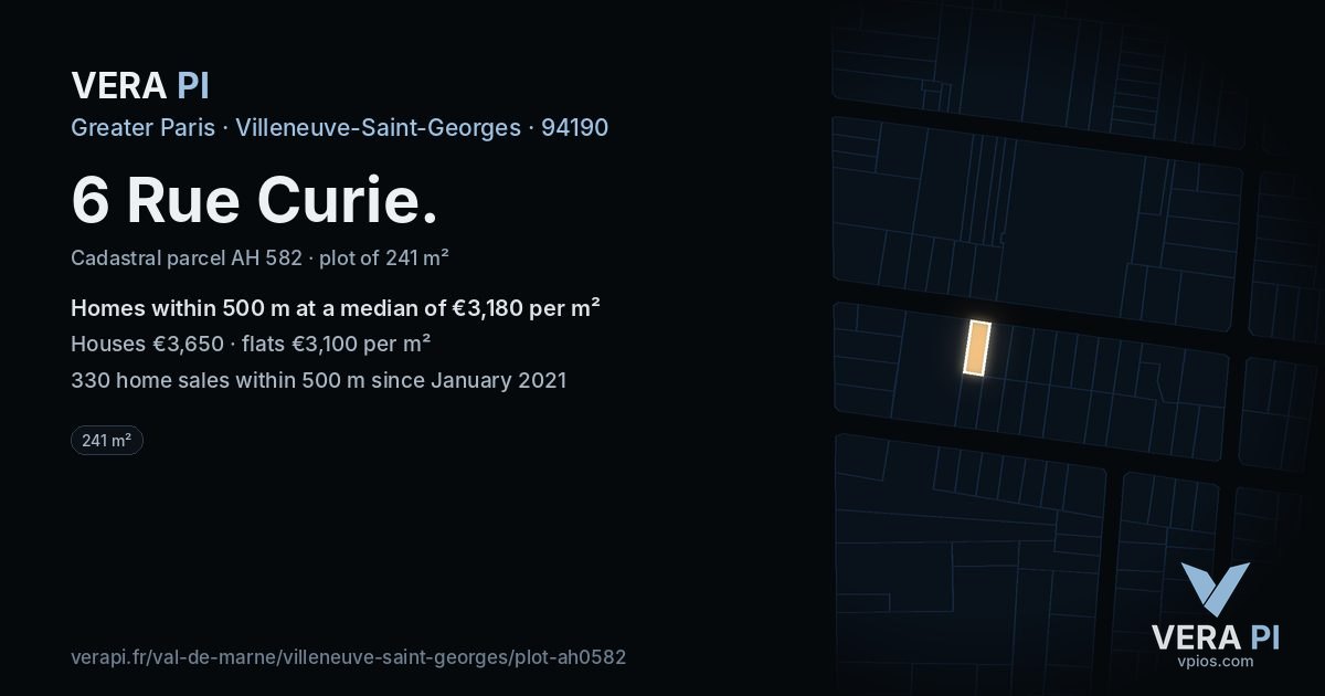 6 Rue Curie, Villeneuve-Saint-Georges at night – the plot lit, the parcels around coloured by the prices near them