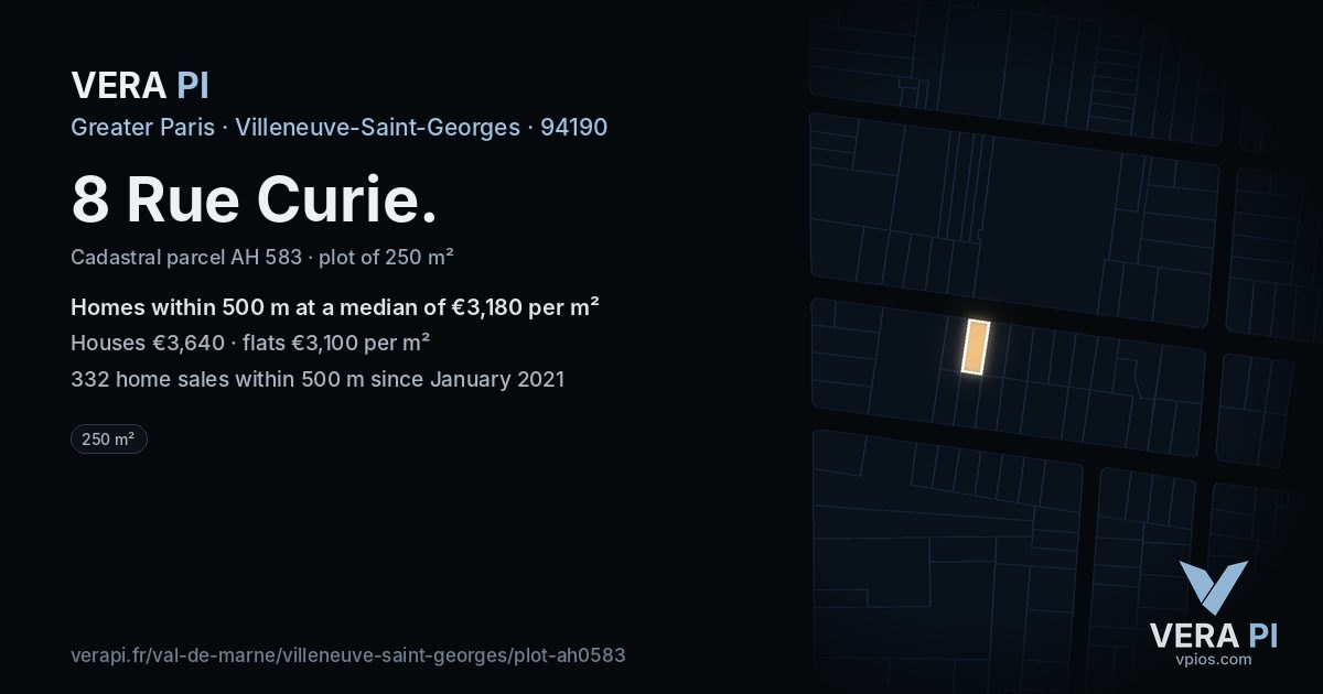 8 Rue Curie, Villeneuve-Saint-Georges at night – the plot lit, the parcels around coloured by the prices near them