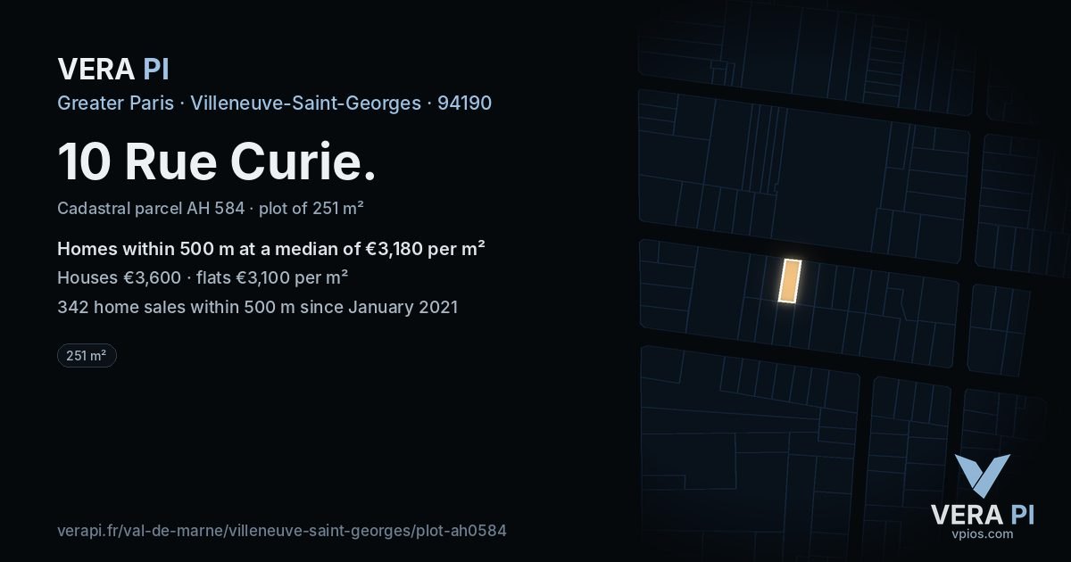 10 Rue Curie, Villeneuve-Saint-Georges at night – the plot lit, the parcels around coloured by the prices near them