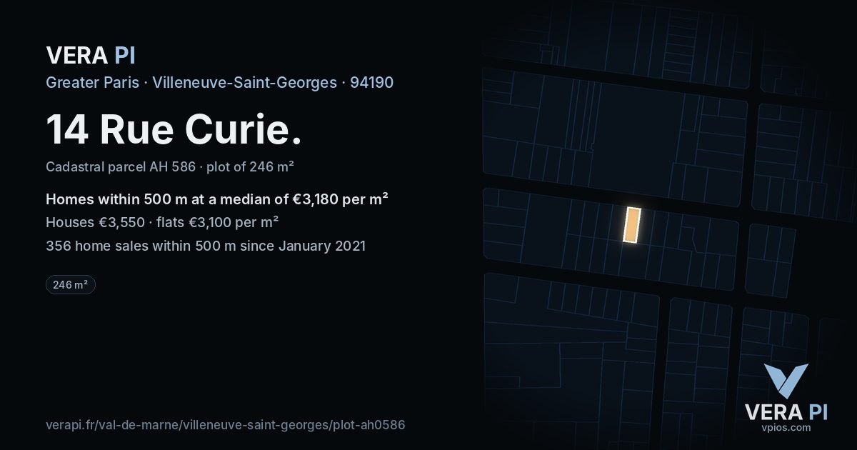 14 Rue Curie, Villeneuve-Saint-Georges at night – the plot lit, the parcels around coloured by the prices near them