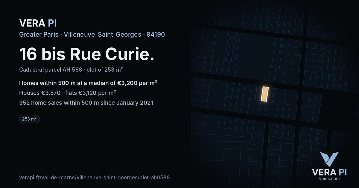 16 bis Rue Curie, Villeneuve-Saint-Georges at night – the plot lit, the parcels around coloured by the prices near them