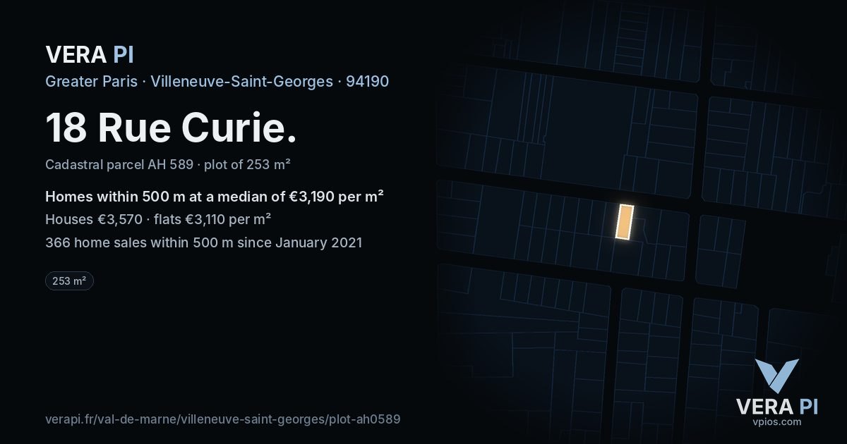 18 Rue Curie, Villeneuve-Saint-Georges at night – the plot lit, the parcels around coloured by the prices near them