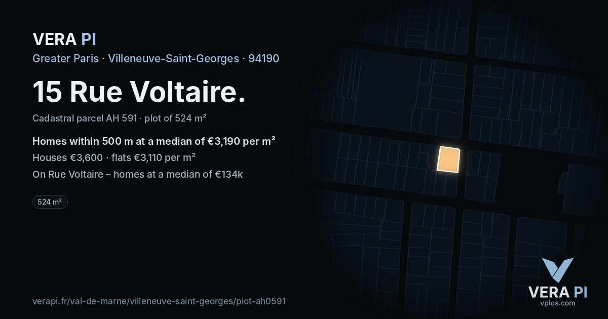 15 Rue Voltaire, Villeneuve-Saint-Georges at night – the plot lit, the parcels around coloured by the prices near them