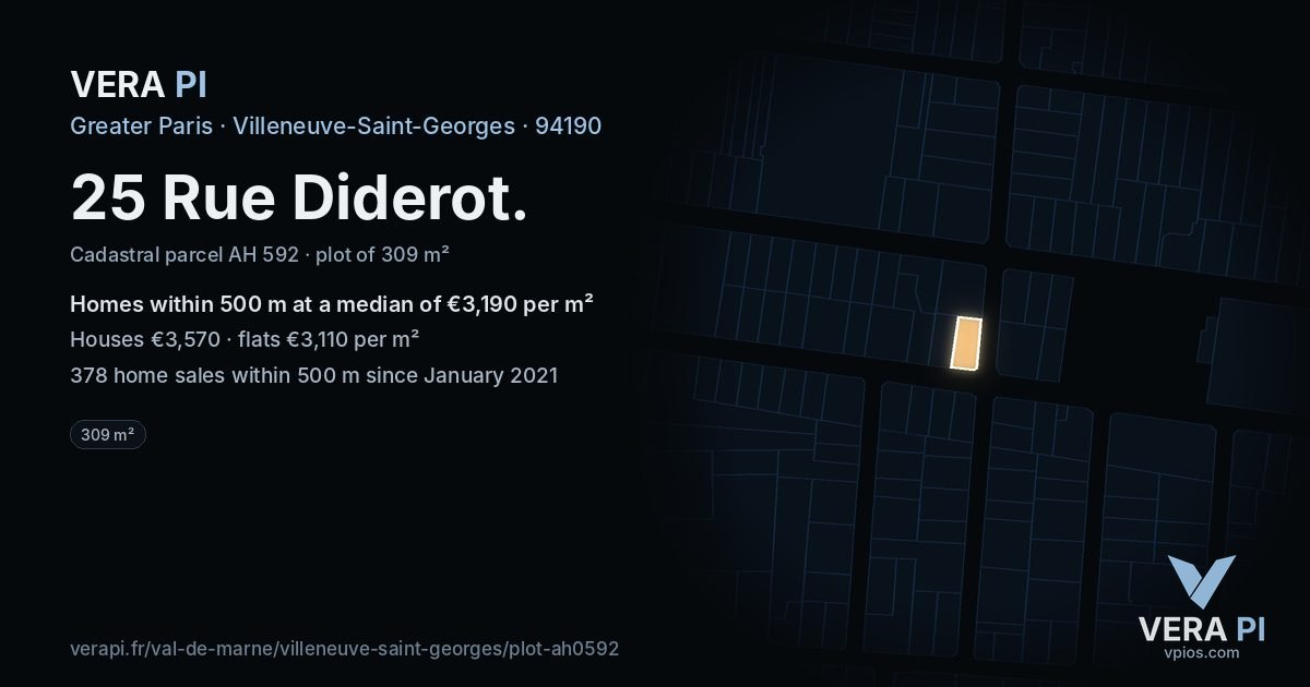 25 Rue Diderot, Villeneuve-Saint-Georges at night – the plot lit, the parcels around coloured by the prices near them