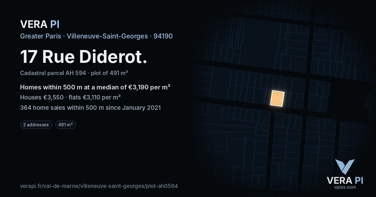 17 Rue Diderot, Villeneuve-Saint-Georges at night – the plot lit, the parcels around coloured by the prices near them