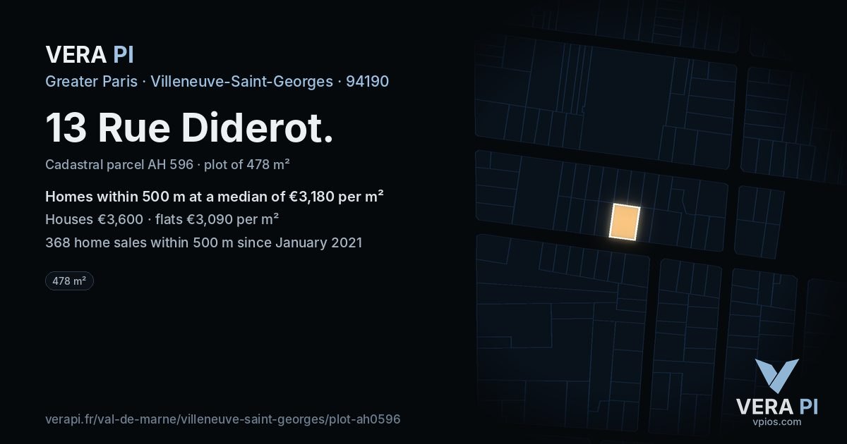 13 Rue Diderot, Villeneuve-Saint-Georges at night – the plot lit, the parcels around coloured by the prices near them