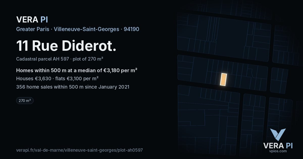 11 Rue Diderot, Villeneuve-Saint-Georges at night – the plot lit, the parcels around coloured by the prices near them