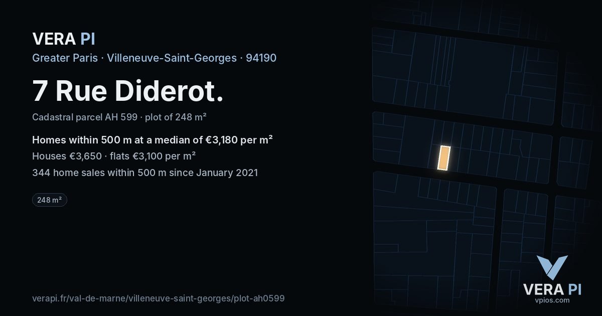 7 Rue Diderot, Villeneuve-Saint-Georges at night – the plot lit, the parcels around coloured by the prices near them
