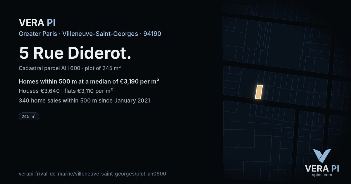 5 Rue Diderot, Villeneuve-Saint-Georges at night – the plot lit, the parcels around coloured by the prices near them