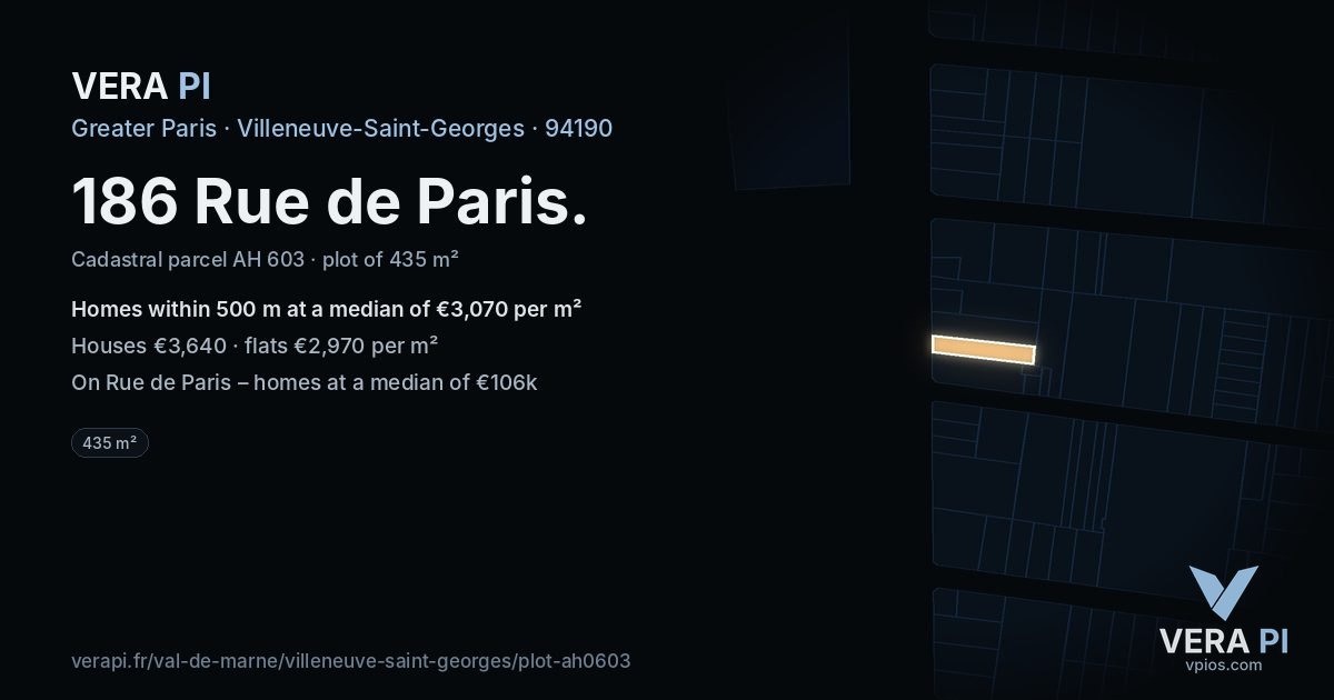 186 Rue de Paris, Villeneuve-Saint-Georges at night – the plot lit, the parcels around coloured by the prices near them