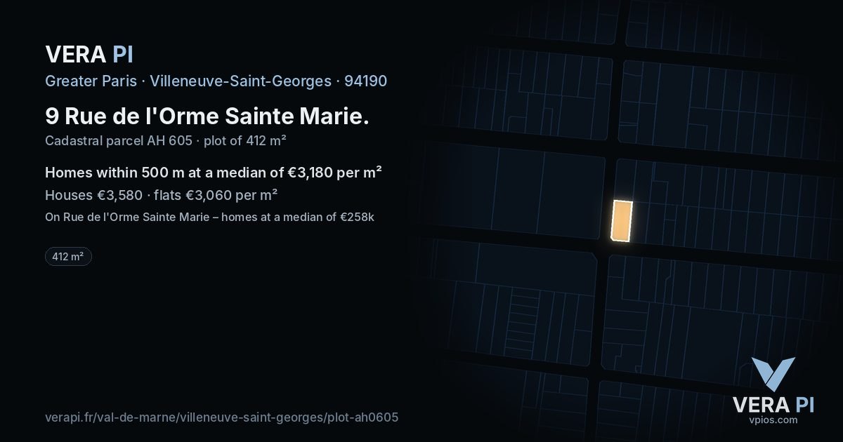 9 Rue de l'Orme Sainte Marie, Villeneuve-Saint-Georges at night – the plot lit, the parcels around coloured by the prices near them