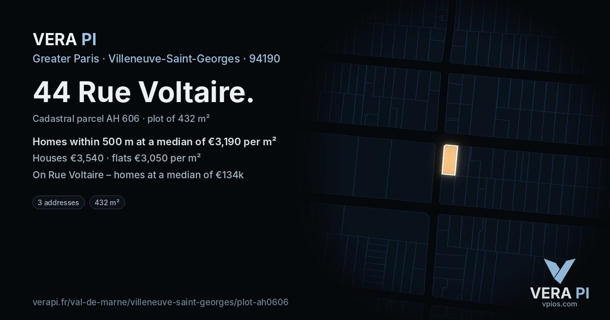 44 Rue Voltaire, Villeneuve-Saint-Georges at night – the plot lit, the parcels around coloured by the prices near them