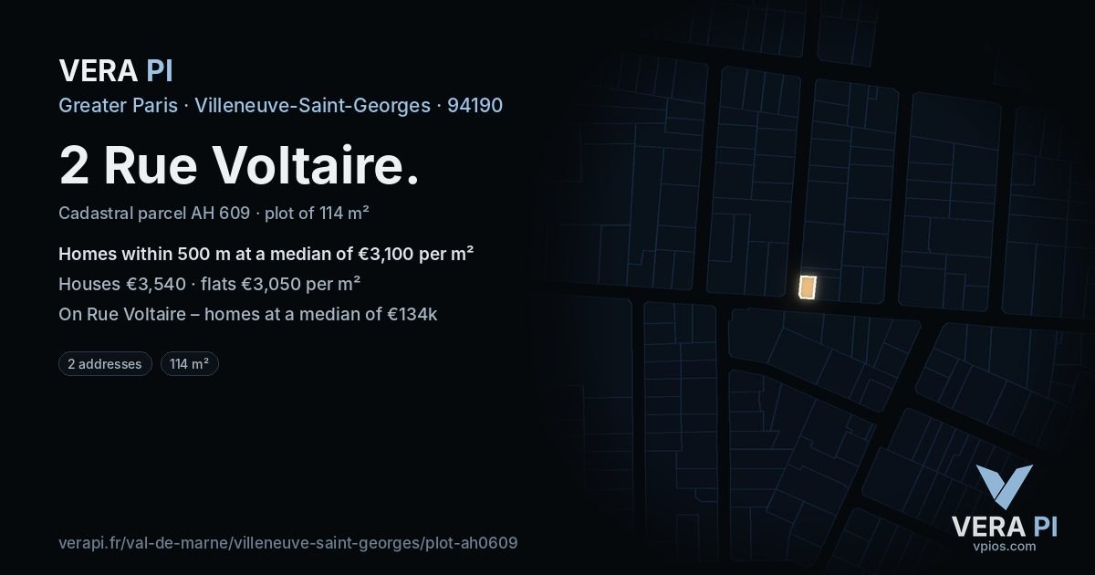 2 Rue Voltaire, Villeneuve-Saint-Georges at night – the plot lit, the parcels around coloured by the prices near them