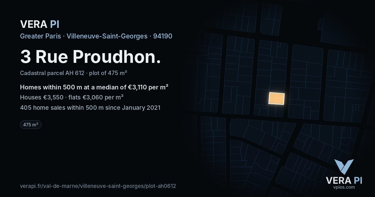 3 Rue Proudhon, Villeneuve-Saint-Georges at night – the plot lit, the parcels around coloured by the prices near them