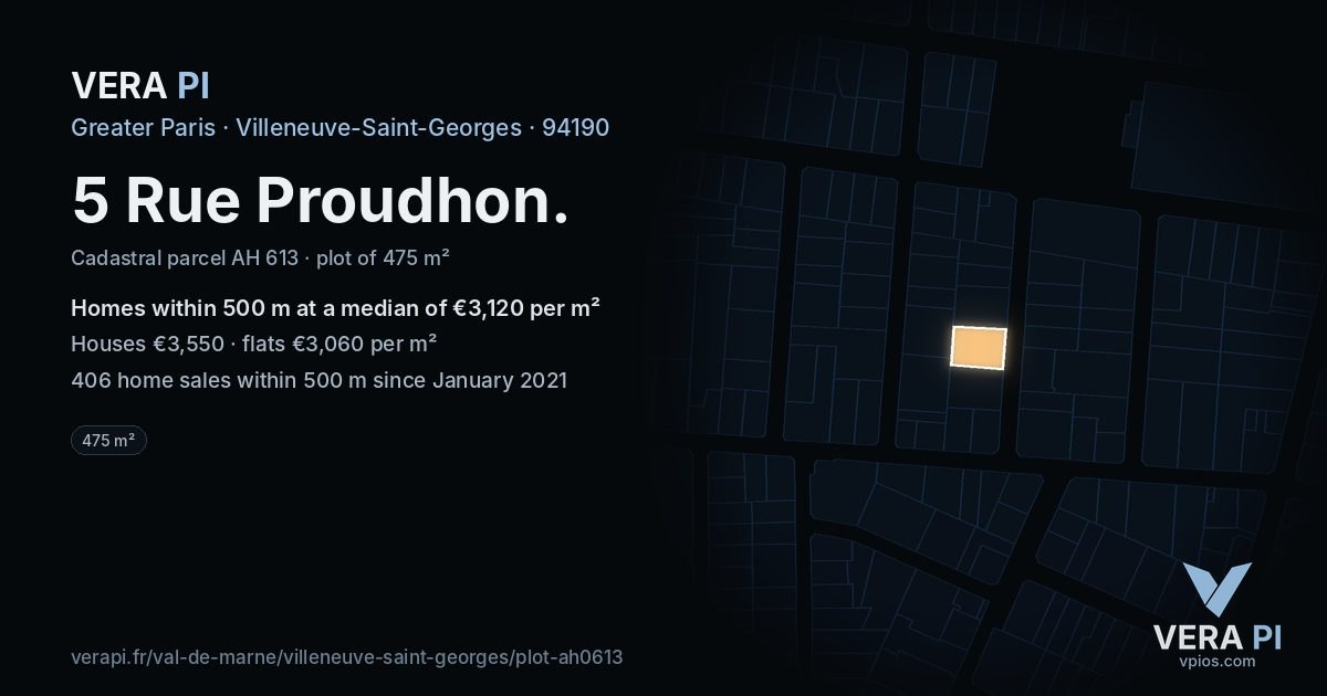 5 Rue Proudhon, Villeneuve-Saint-Georges at night – the plot lit, the parcels around coloured by the prices near them