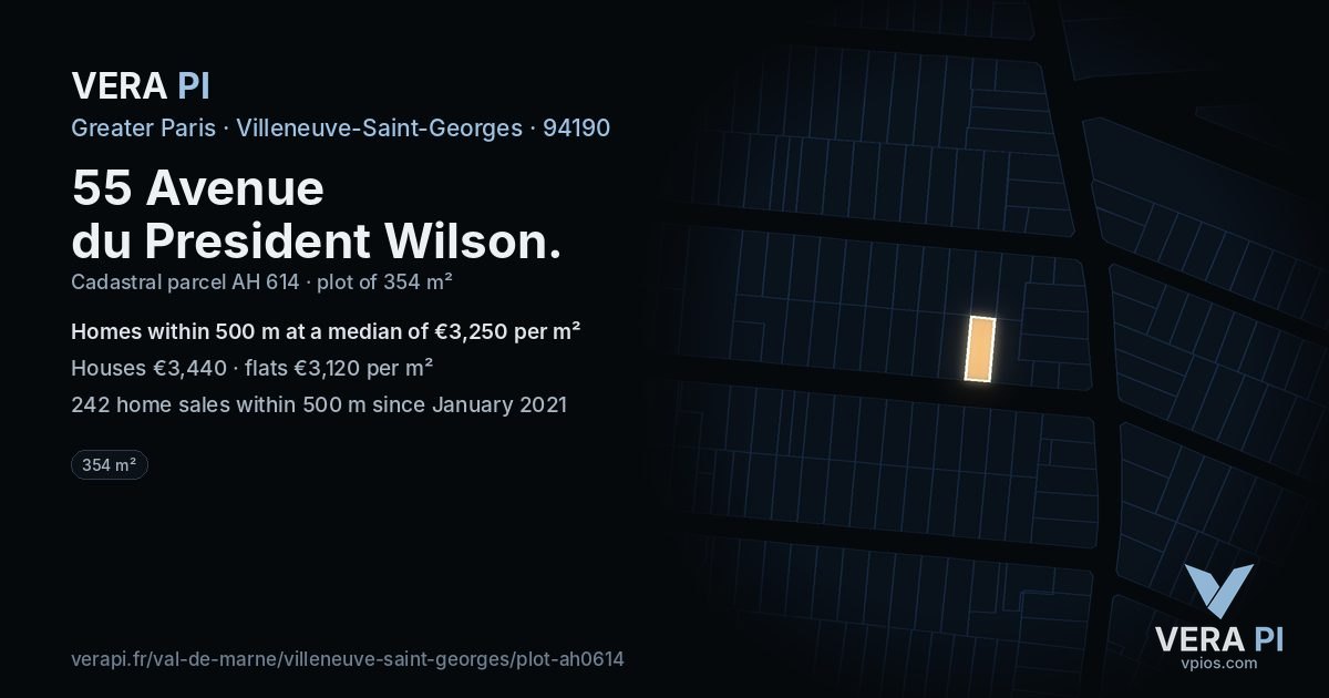 55 Avenue du President Wilson, Villeneuve-Saint-Georges at night – the plot lit, the parcels around coloured by the prices near them
