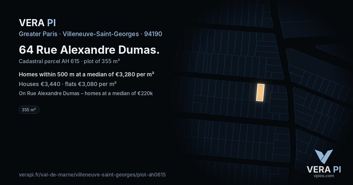 64 Rue Alexandre Dumas, Villeneuve-Saint-Georges at night – the plot lit, the parcels around coloured by the prices near them